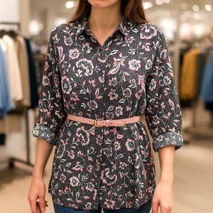 J Jill XL Lightweight Floral Tunic Top Shirt Dress Black with Pink Blue